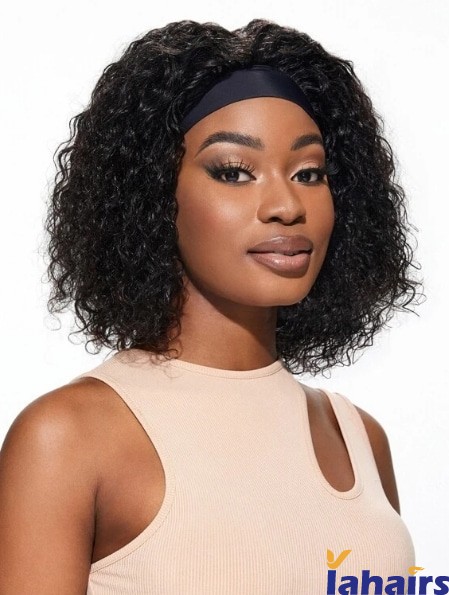 Headband Curly Black Human Hair Wigs