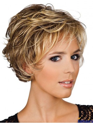 Real Hair Wigs Layered Cut Wavy Short Length