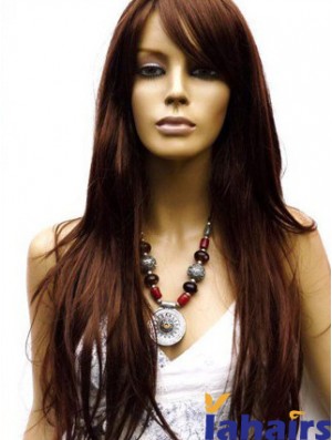 Human Hair Wig Long Length Auburn Color Lace Front With Bangs