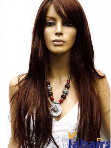 Human Hair Wig Long Length Auburn Color Lace Front With Bangs