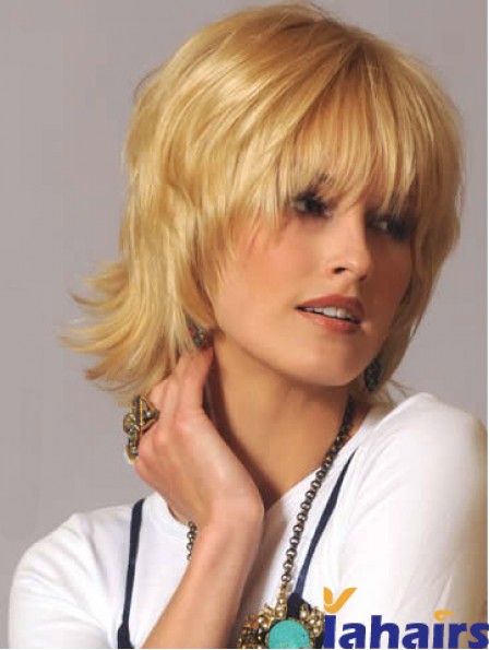 Human Hair Wavy Wigs Blonde Color Wavy Style With Capless