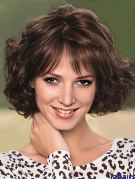 Lace Wig With Bangs Wavy Style Chin Length Brown Color