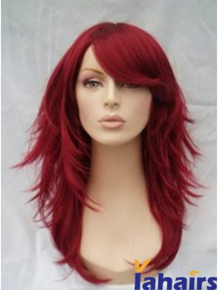 Red Human Hair Wigs Full Wig With Bangs Wavy Style Shoulder Length