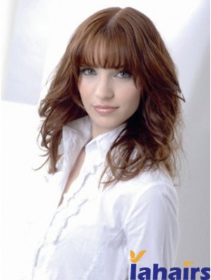 Wavy Human Hair Wig Medium Auburn Color Shoulder Length With Bangs