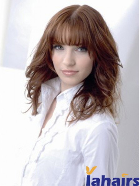 Wavy Human Hair Wig Medium Auburn Color Shoulder Length With Bangs