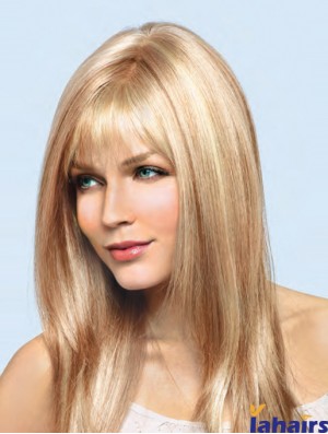 16 inch Blonde Remy Human Straight With Bangs Hand Tied Lace Wigs