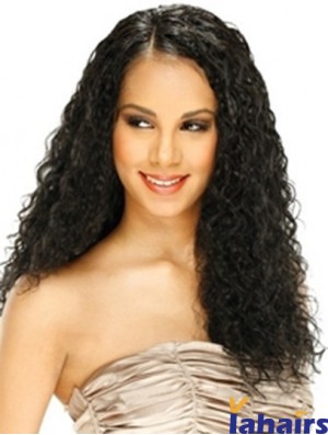 Human Hair Lace Front Wig Curly Style Long Length Black Color