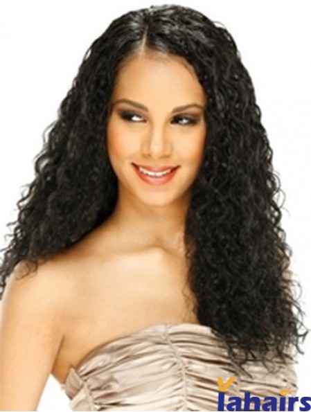 Human Hair Lace Front Wig Curly Style Long Length Black Color