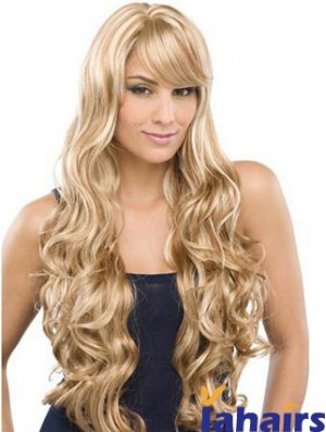 Long 100% Hand Tied Wavy With Bangs Monofilament Lace Front Wigs