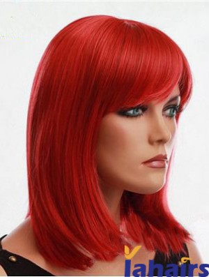 Human Hair Red Wig With Bangs Capless Red Color Straight Style