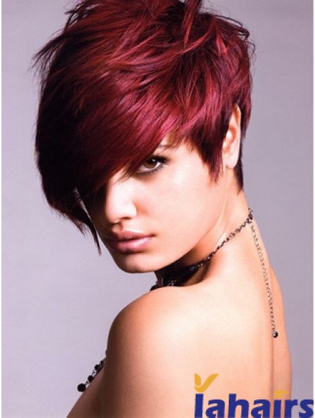 Human Hair Lace Front Wig With Bangs Short Length Red Color