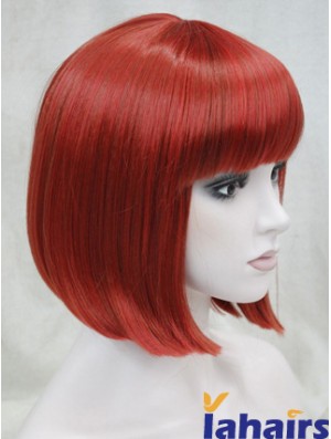 Human Hair Lace Front Wig Chin Length With Bangs Red Color