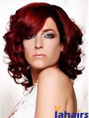 Curly With Bangs Shoulder Length Red Ideal Lace Front Wigs