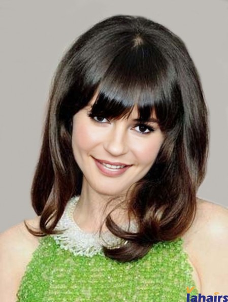 Comfortable Brown Shoulder Length Wavy 14 inch With Bangs Zooey Deschanel Lace Wigs