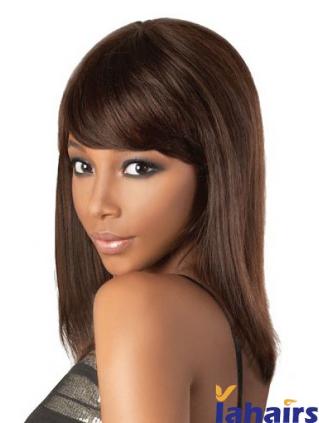 Perfect 18 inch Brown Shoulder Length With Bangs Straight Lace Wigs