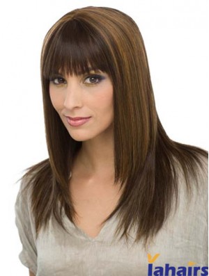 With Bangs Modern Straight Brown Long Human Hair Wigs