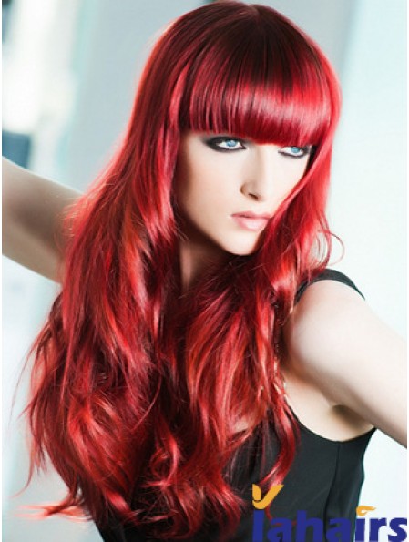 Capless Wavy 22 inch With Bangs Long Red Human Hair