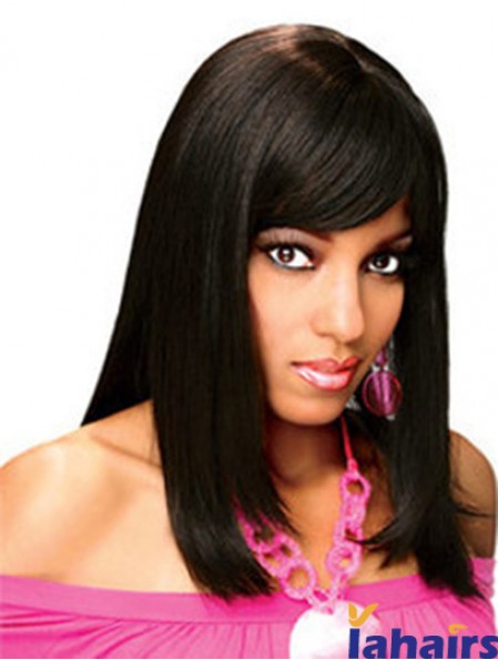 Full Human Hair Wigs With Bangs Full Lace Shoulder Length Black Color