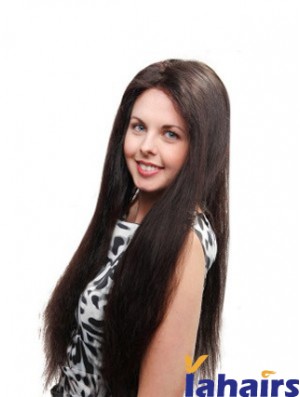 Straight Without Bangs 100% Hand-tied Sleek 26 inch Black Long Wigs