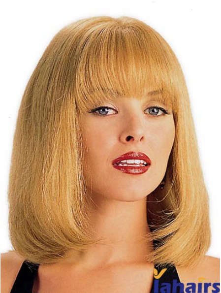 Human Hair Wig Blonde With Bangs Straight Style Shoulder Length