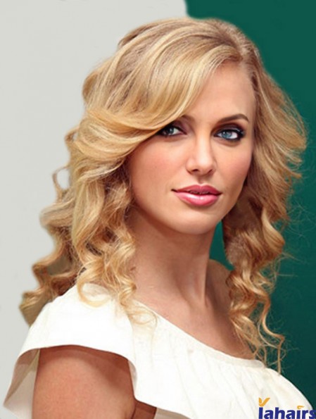 100% Hand-tied With Bangs Wavy Shoulder Length Blonde Suitable  Wigs