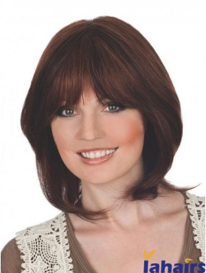 Suitable 12 inch Auburn Chin Length With Bangs Straight Lace Wigs