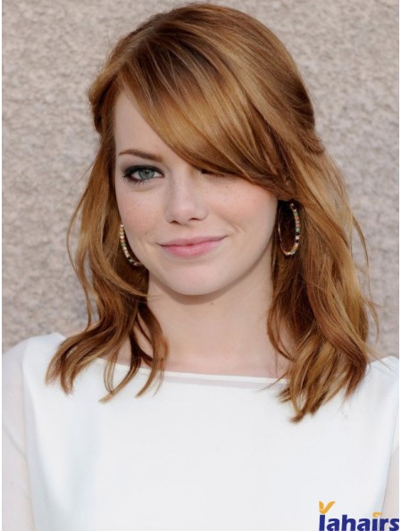 100% Hand-tied Wavy With Bangs Shoulder Length 16 inch High Quality Human Hair Emma Stone Wigs