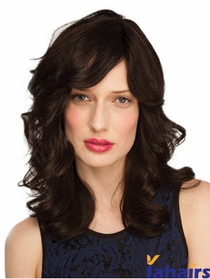 Monofilament Wavy With Bangs Shoulder Length 14 inch Good Human Hair Wigs