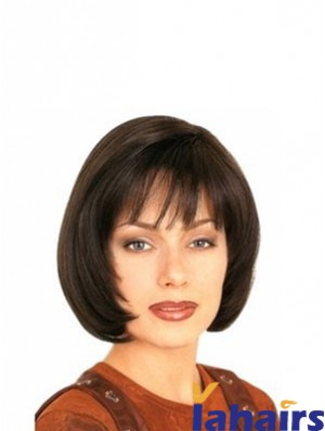 With Bangs Durable Straight Brown Chin Length Human Hair Wigs