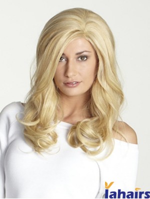 Without Bangs Long Blonde Wavy 18 inch Perfect Human Hair Wigs