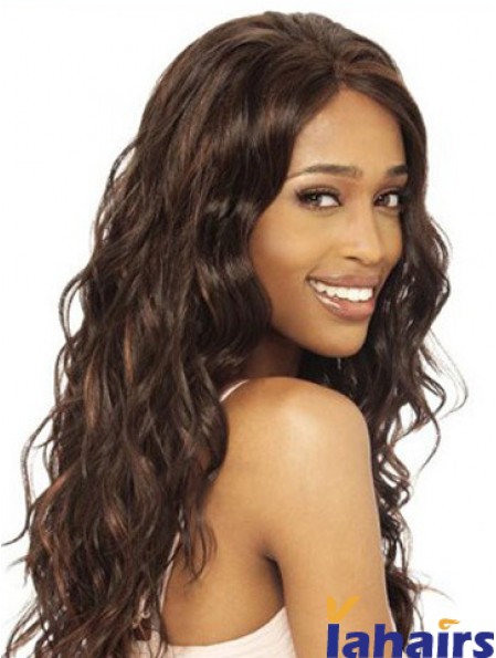 Without Bangs Modern Wavy Brown Long Human Hair Lace Front Wigs