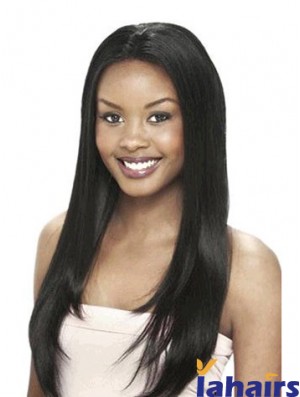 Without Bangs Designed Yaki Black Long Human Hair Lace Front Wigs