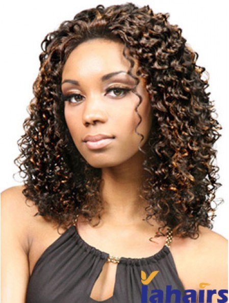 Durable Shoulder Length Kinky 18 inch Synthetic Glueless Lace Front Wigs