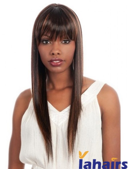 Long Brown Yaki With Bangs Fashionable African American Wigs