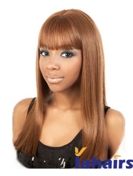 Long Brown Yaki With Bangs Trendy African American Wigs