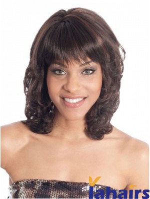 Shoulder Length Brown Wavy With Bangs Fashion African American Wigs