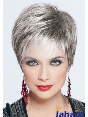 Short Grey Wig With Monofilament Synthetic Straight Style Cropped Length