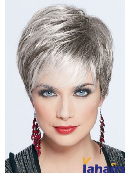 Short Grey Wig With Monofilament Synthetic Straight Style Cropped Length