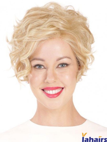 Synthetic Flexibility Cropped Blonde Curly Monofilament Wigs