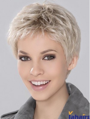 Synthetic Wavy Cropped Platinum Blonde Wigs