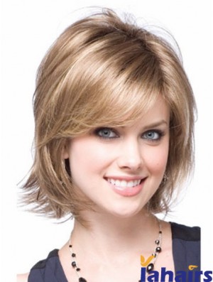 Synthetic With Capless Chin Length Blonde Color Layered Cut