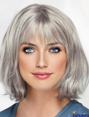 Chin Length 12 inch Monofilament Grey Wigs