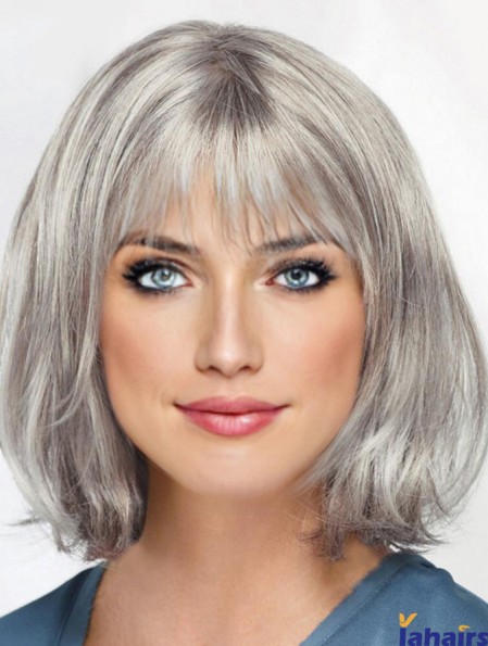 Chin Length 12 inch Monofilament Grey Wigs