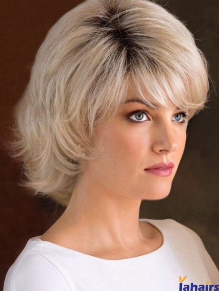 Capless 8 inch Wavy Blonde With Bangs Wigs For Women