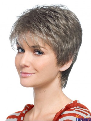 Grey Wig With Capless Synthetic Straight Style Short Length Grey Cut