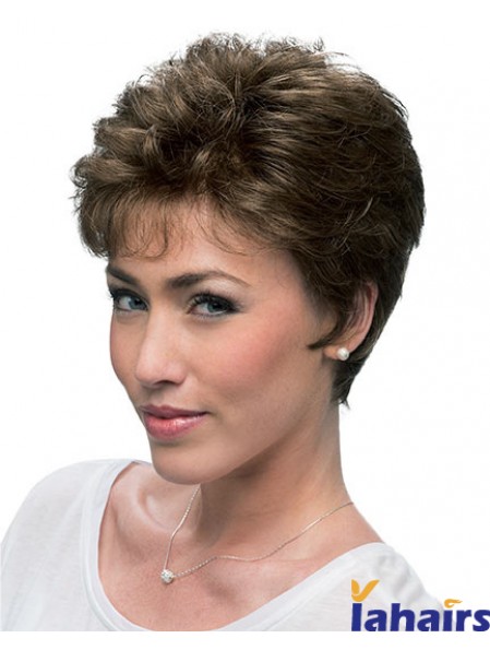 Cheap Brown Cropped Layered Curly Glueless Lace Front Wigs