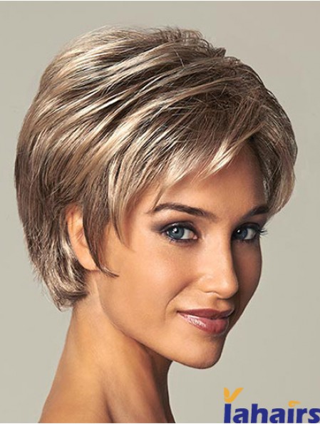 Short Ladies Synthetic Wig With Lace Front Straight Style Layered Cut