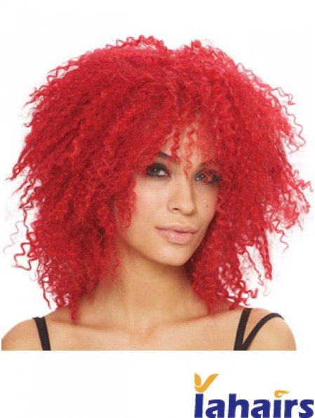 Kinky With Bangs Shoulder Length Red Style Lace Front Wigs