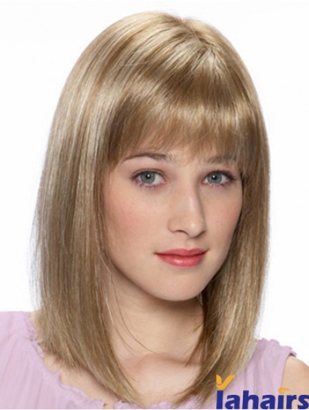 Blonde Shoulder Length Straight With Bangs 14 inch Cheap Medium Wigs