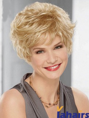 Cheap Synthetic Blonde Color Layered Cut Wavy Style